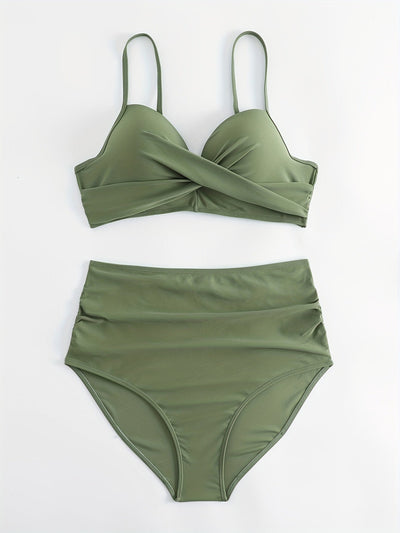 Tropical Vibe High Waist Bikini Set – Flirty V-Neck Swimsuit with Layered Colorblock High Cut Bottom Crisscross Strap Detail & Ultra-Stretch Comfort – Women's Two Piece Swimwear for Summer Beach Pool & Vacation Fun