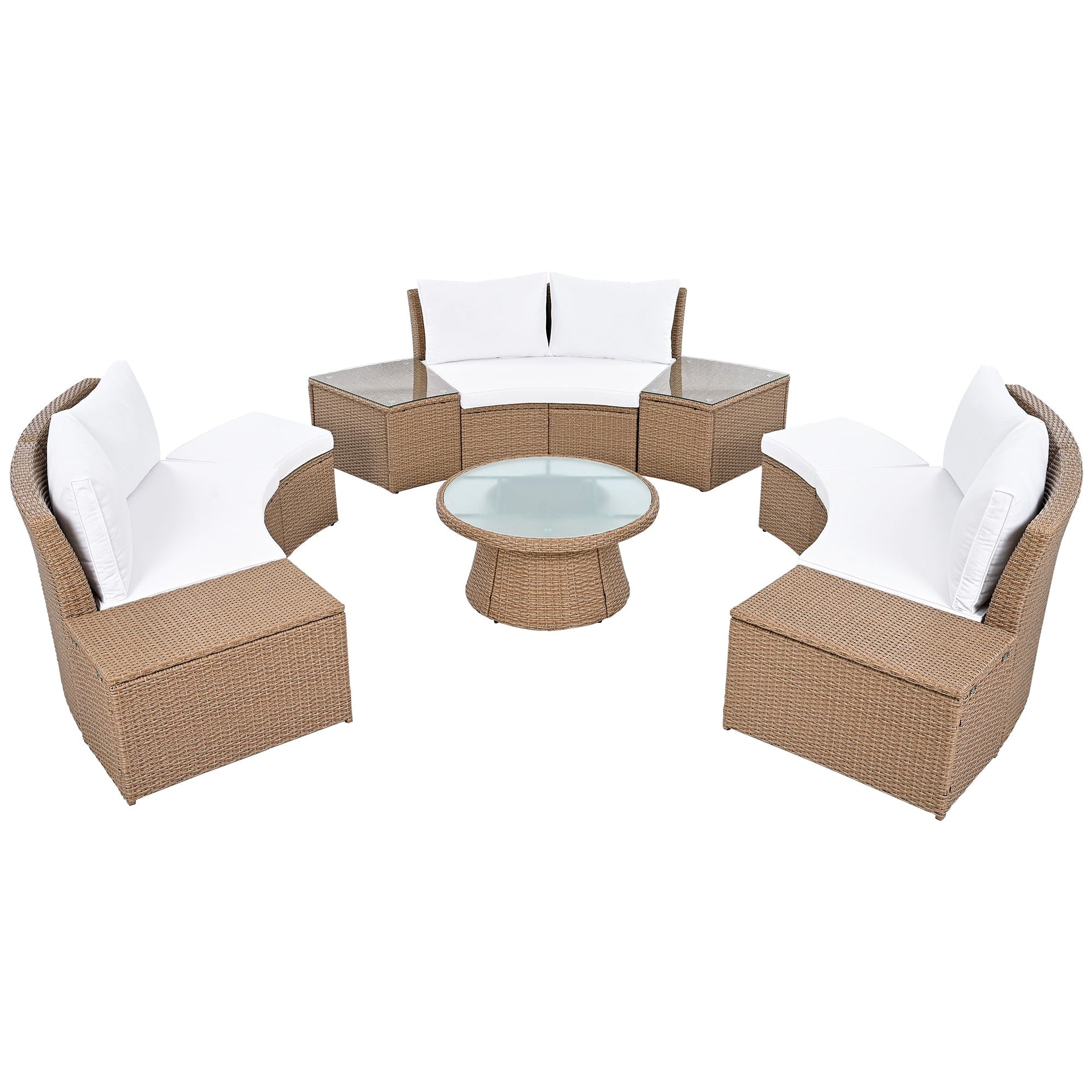 10-Piece Outdoor Sectional Half Round Patio Rattan Sofa Set, PE Wicker Conversation Furniture Set for Free Combination, White
