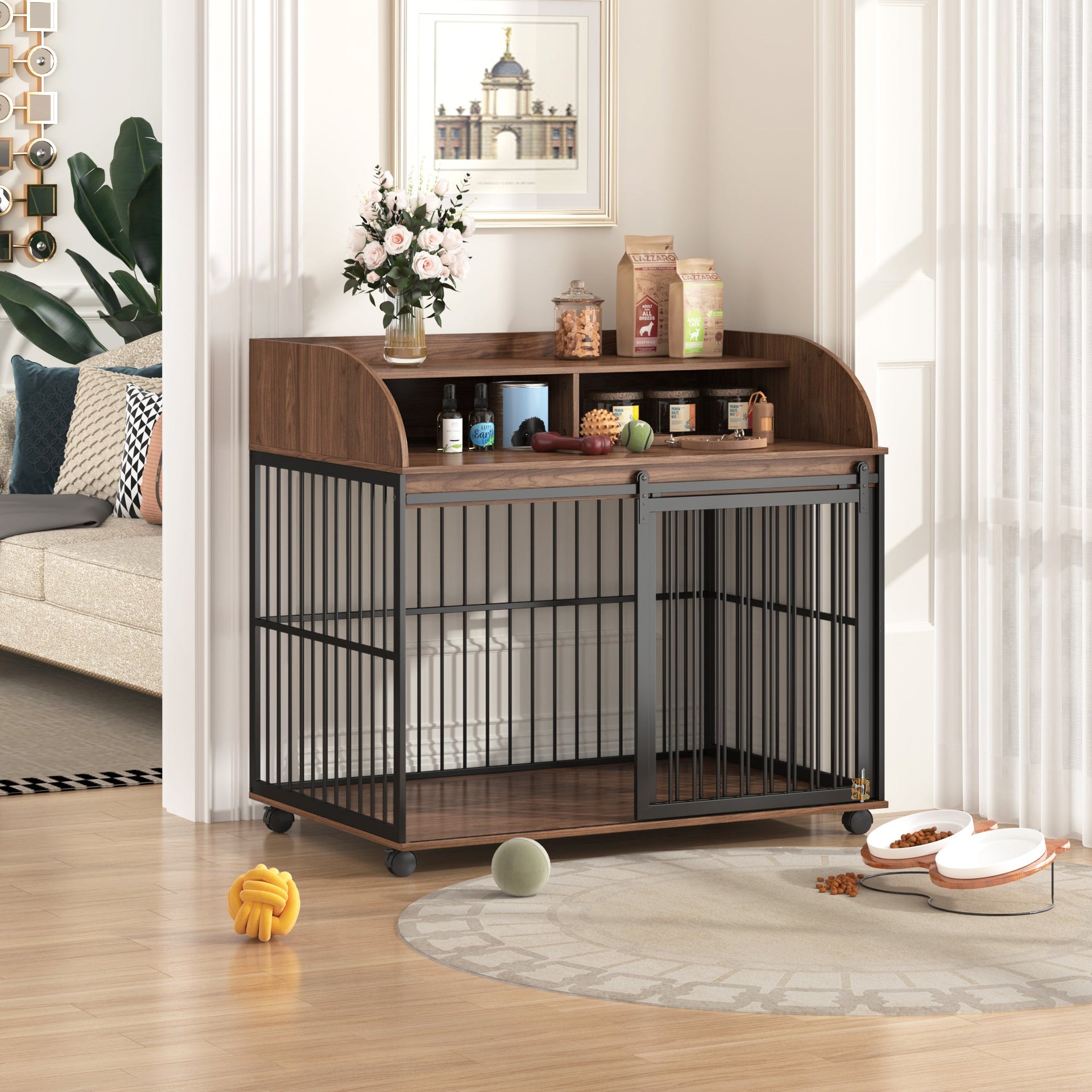 44'' Heavy Duty Large Dog Crate Furniture for Large Medium Dog with Lockable Wheels, Wooden Dog Crate Dog Kennel, End Table Crate with Double layer storage, Brown