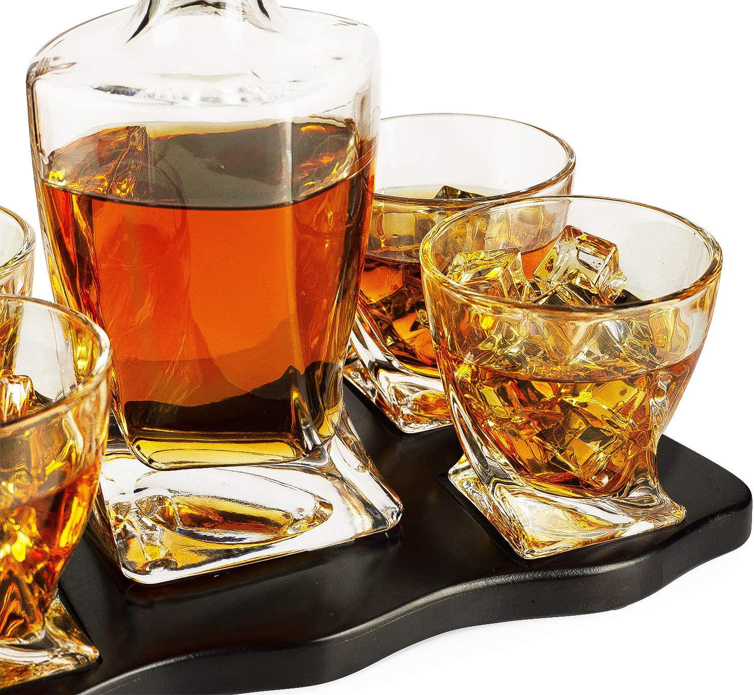 The Wine Savant Italian Crafted Crystal 5 Piece European Style Wine & Whiskey Decanter 855ml with 4 Glasses & Wood Sophisticated Tray Set Spirits, Scotch, & Bourbon Whiskey Decanter Sets for Men