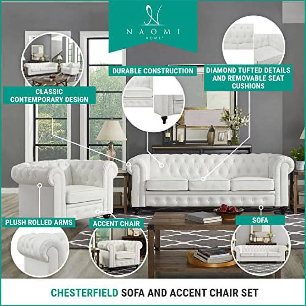 2 Piece Living Room Set, Faux Leather Chesterfield Sofa & Chair, Deep Button Tufted with Rolled Arms, Home Furniture