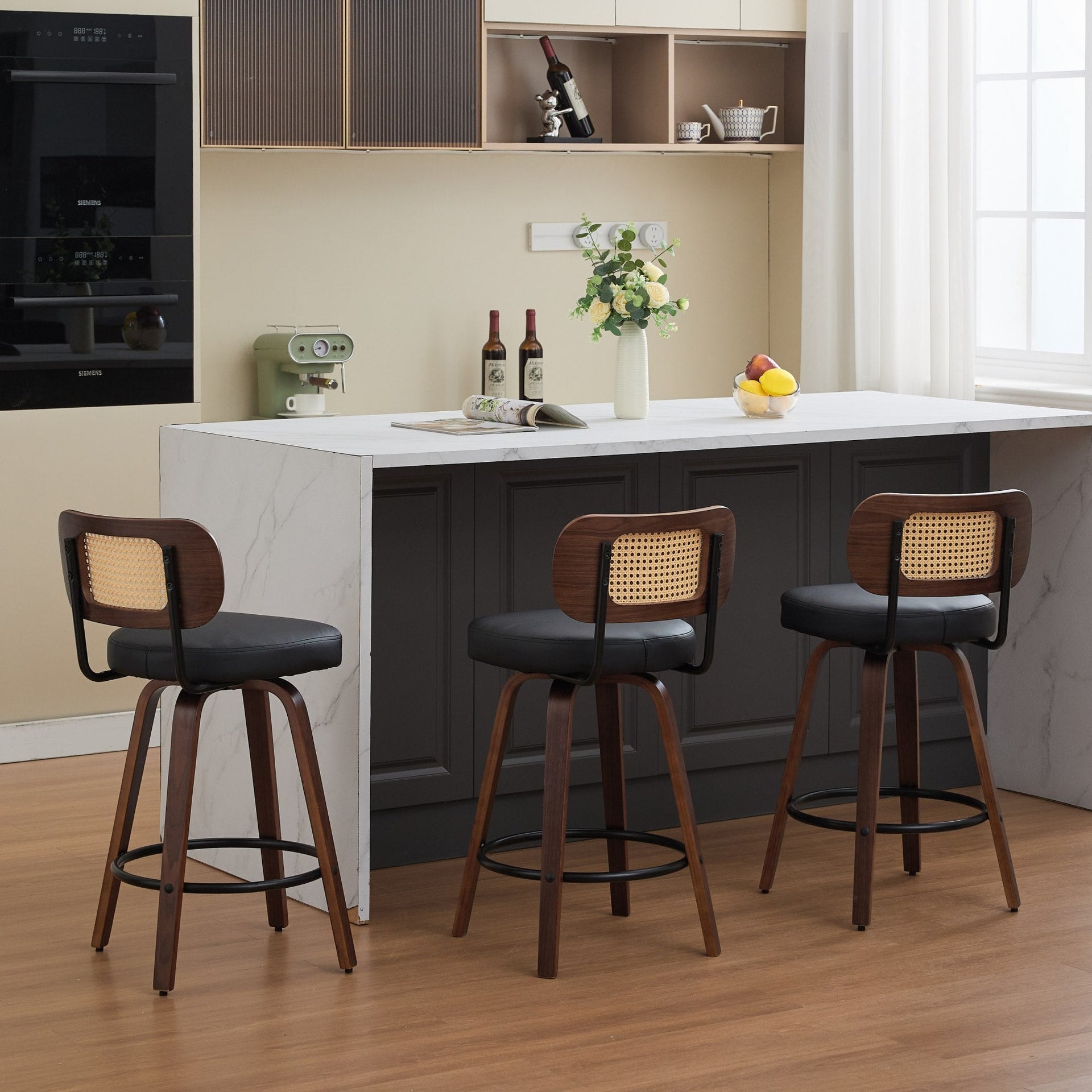 Set of 3 Counter Height Bar Stools - 26 inch Rattan Counter Height Stools with Cane Back, Upholstered Seat, Walnut Craftsmanship, Swivel Counter Stools for Island/Kitchen/Counter/Bar (Walnut /Black)