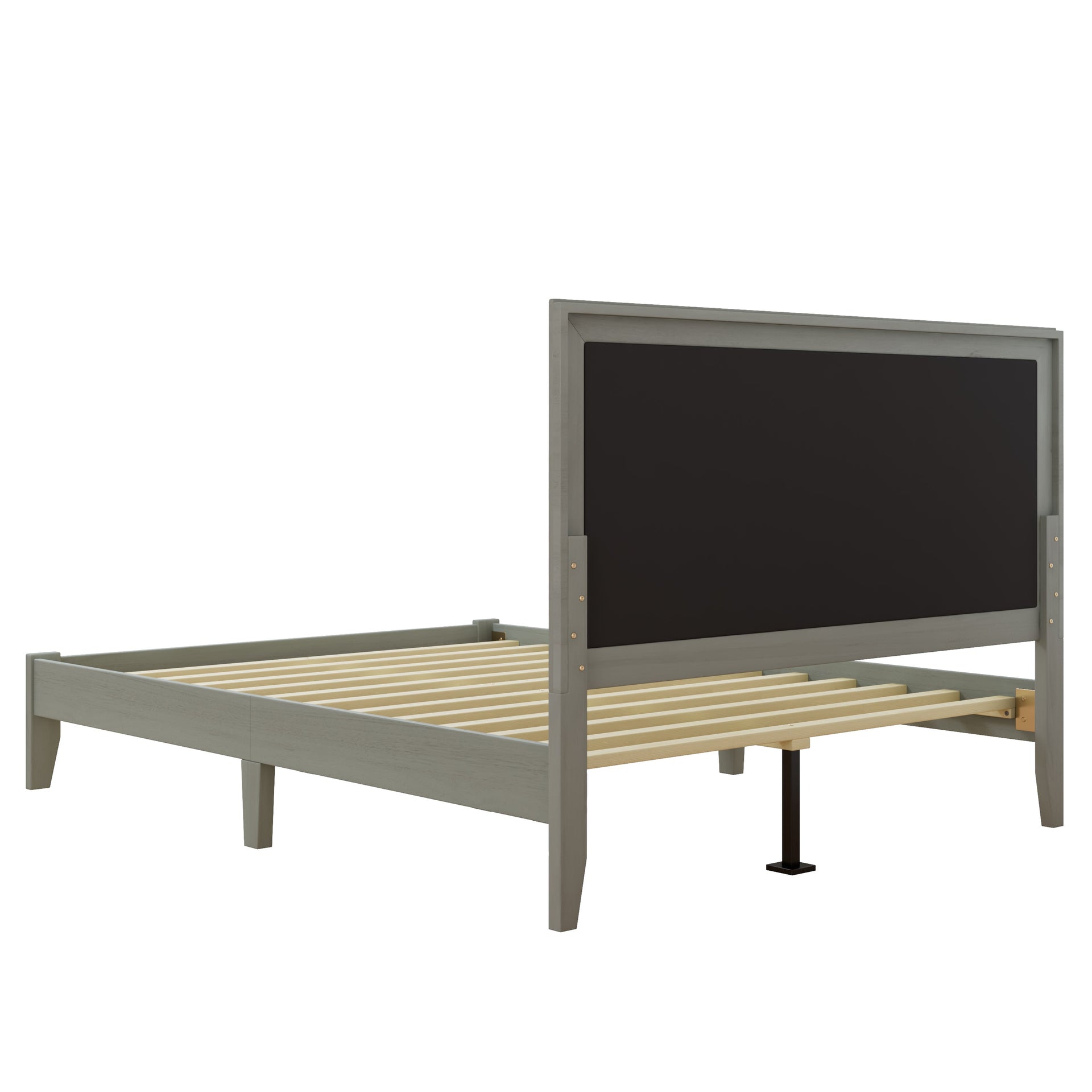 Mid-Century Modern Solid Wood Platform Bed with Upholstered Headboard in Grey, Rubber Wood, Queen Size