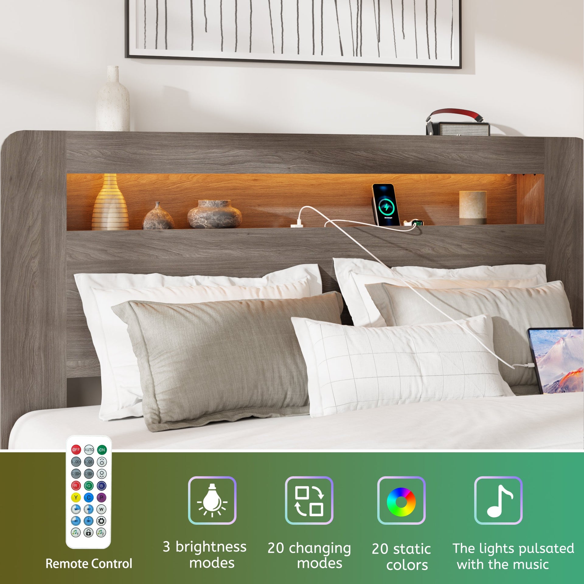 Bed Frame King Size, Wood Platform Bed Frame with Storage LED Light Headboard and 2 USB , Noise Free,No Box Spring Needed and Easy Assembly Tool,Large Under Bed Storage,Dark Grey