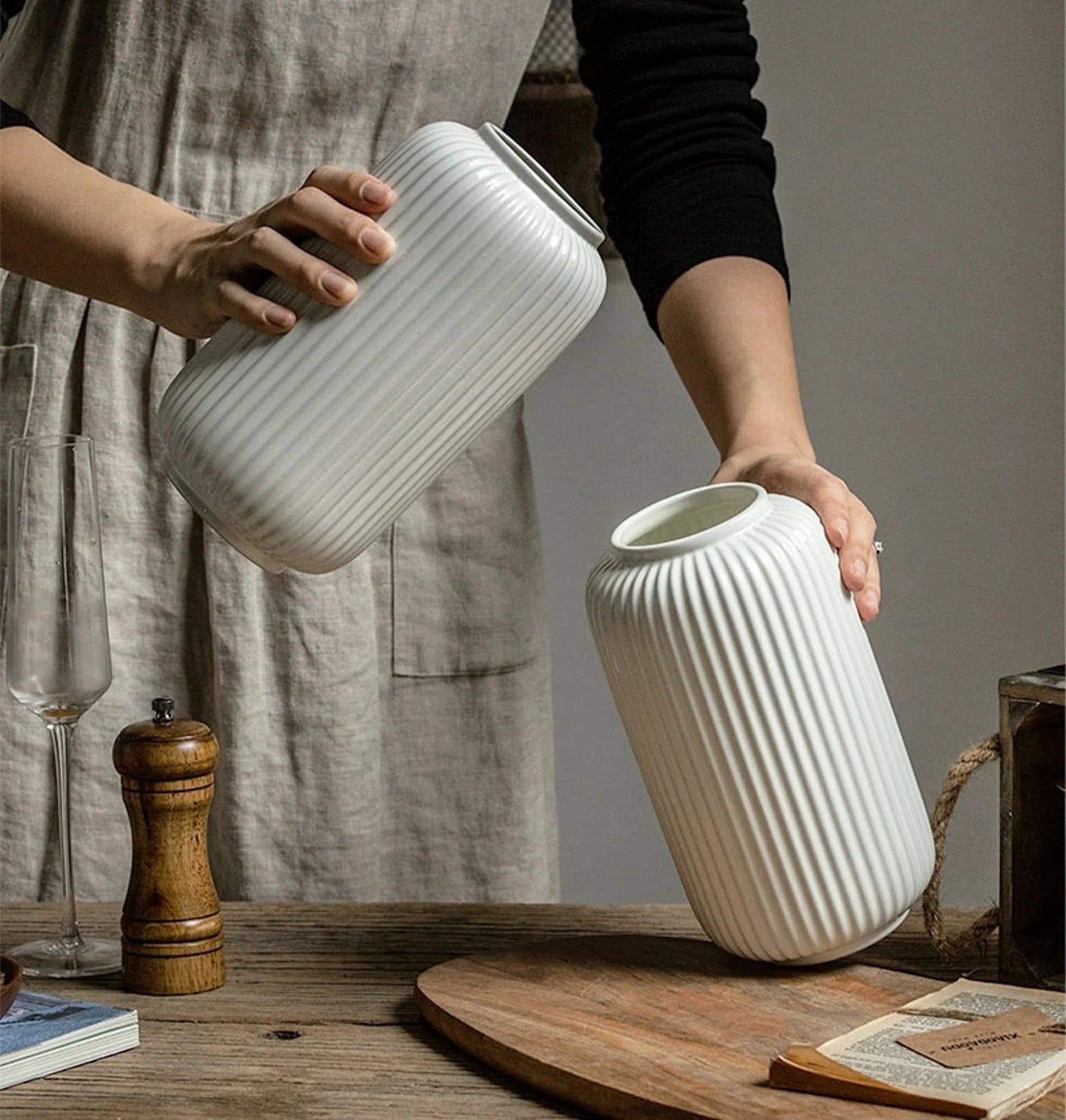 8 Inch White Ceramic Vase for Flowers & Pampas Grass, Simple Modern Decorative Vases for Home Decor Table Centerpieces