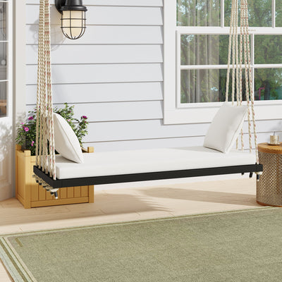 Patio Wooden Swing Chair Hanging Porch Swing Bench with Cushion & Pillows