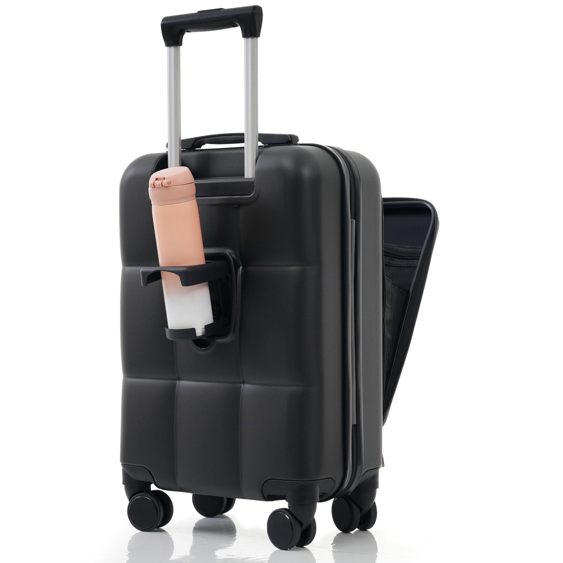Luggage Sets 3 Piece, 20-inch with USB Port and front opening design, ABS Hard Shell Luggage with Spinner Wheels, Cup Holder, black and brown