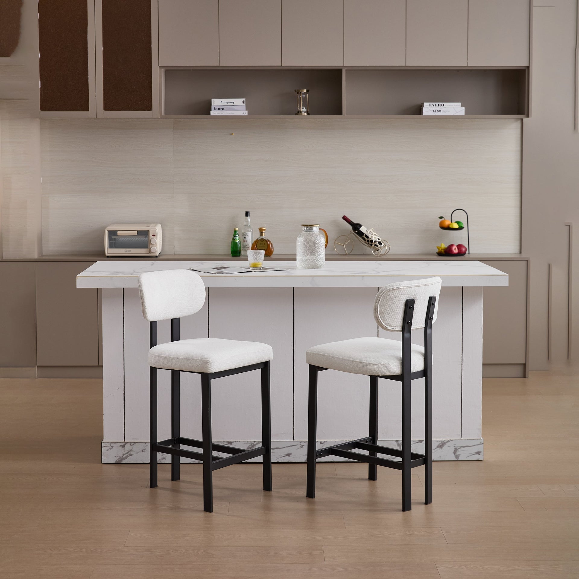 Bar Stools Set of 2, 26 inch Modern Upholstered Fabric Counter Height Barstools, Kitchen Island Chairs with Black Metal Legs for Dining Room/Kitchen Island/Bar