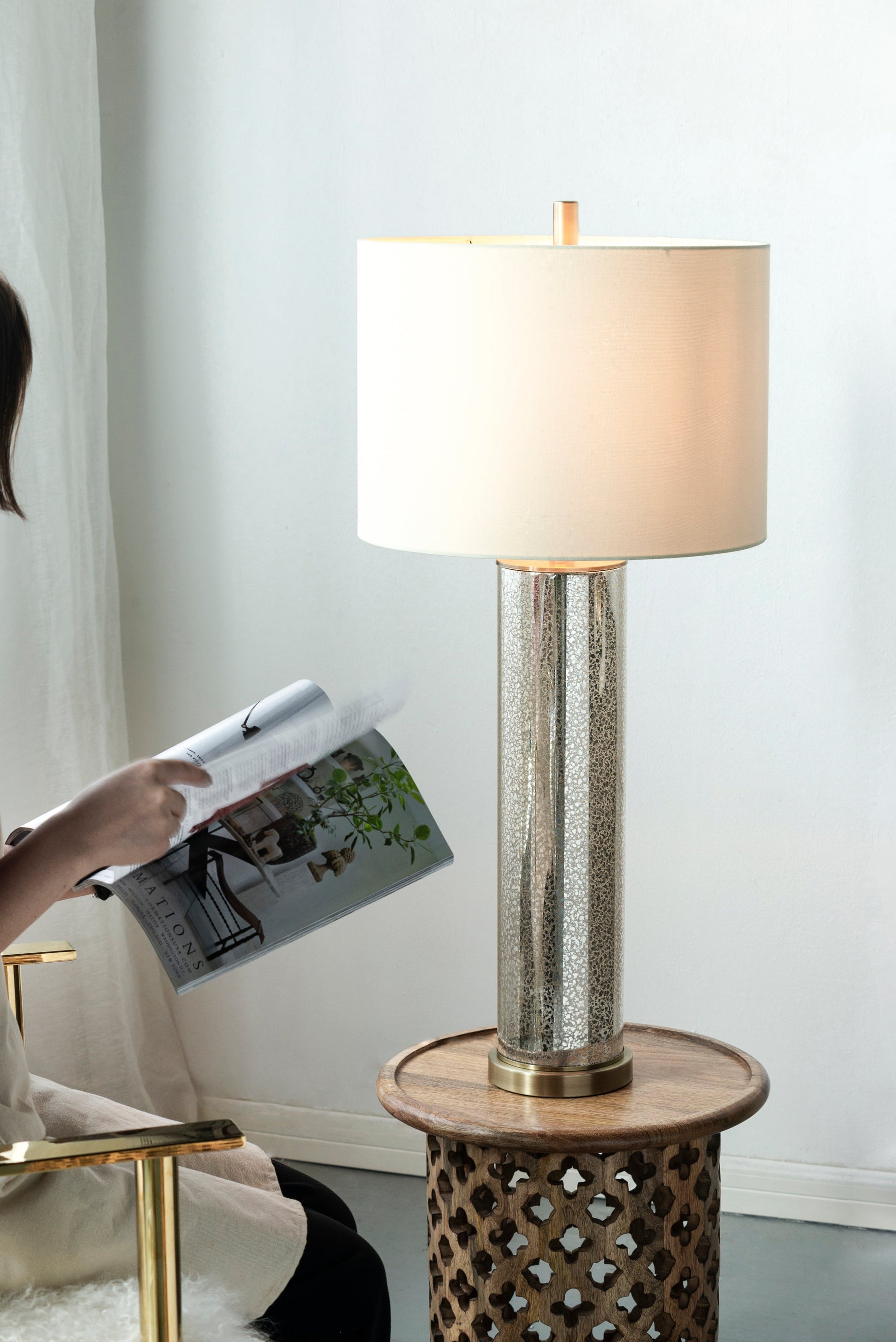 16x16x35' Gold Mirrored Glass Table Lamp with White Fabric Shade