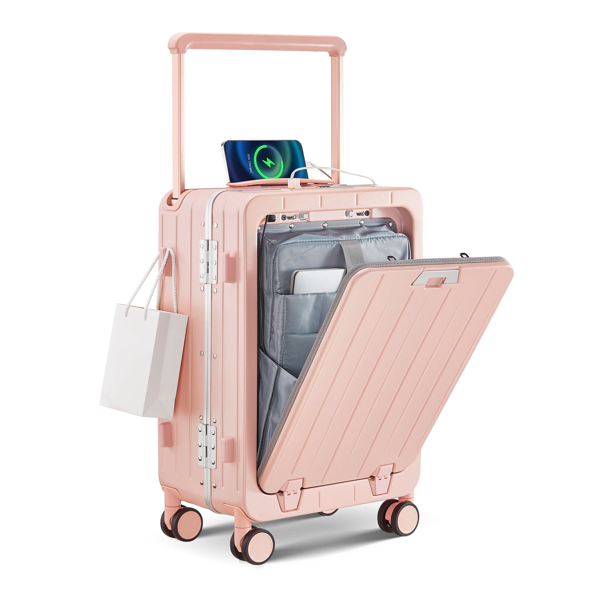 Aluminum Frame 20 Inch with Front Open Carry-on Luggage, PC Hard Shell Suitcase, Bounce Wide Handle Pull Rod Luggage with 360°Double Wheels, Built-In TSA Lock, Airline Approved Suitcase for Business