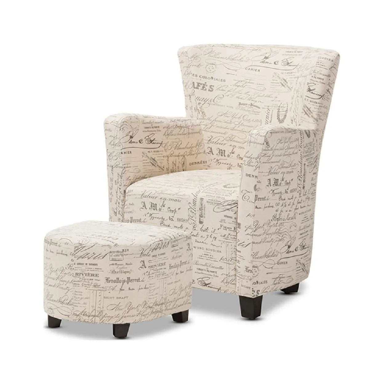 Benson French Script Patterned Fabric Club Chair and Ottoman Set