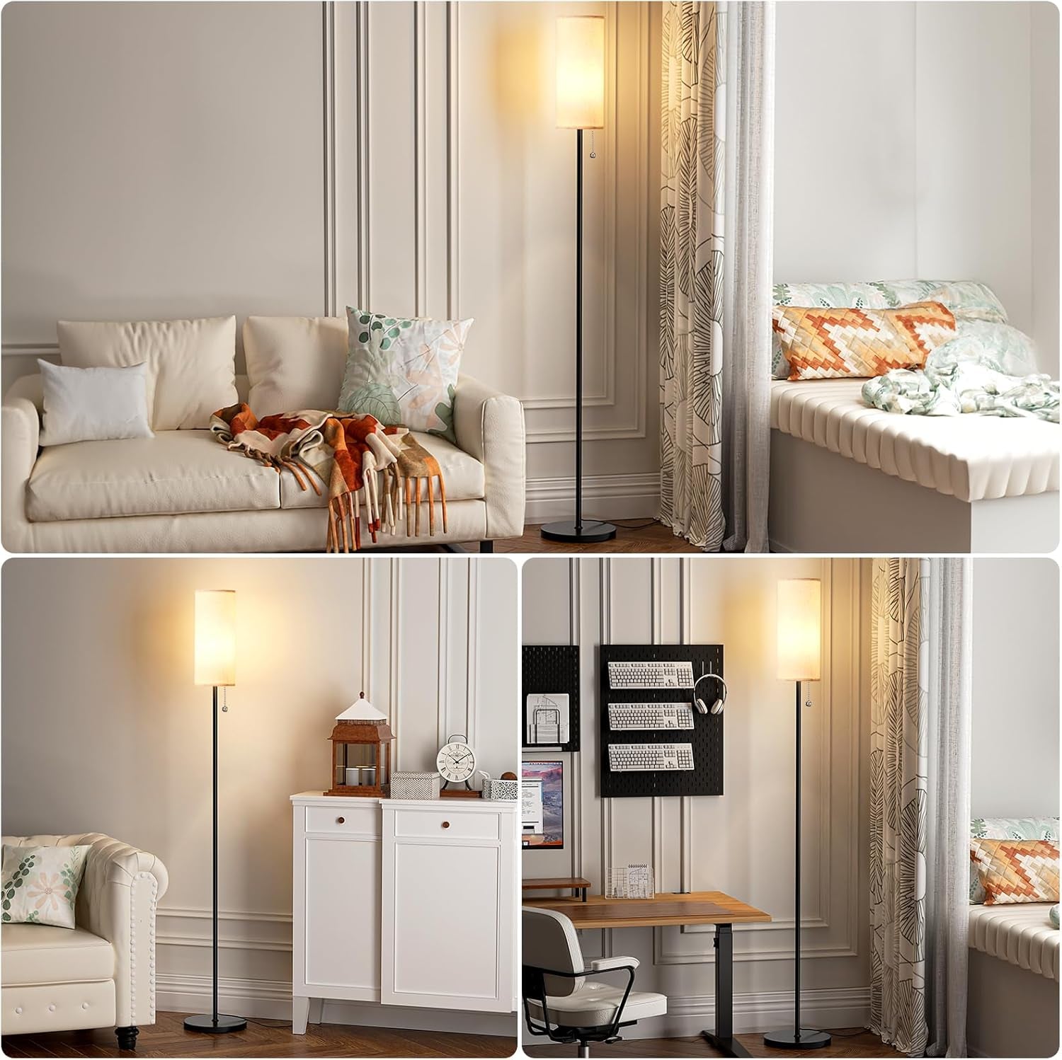 64'' Floor Lamp for Living Room with Bulb - Tall Lamps with Beige Lampshade & Pull Chain Switch, Pole Lamps for Bedrooms Tall, Minimalist Floor Lamp