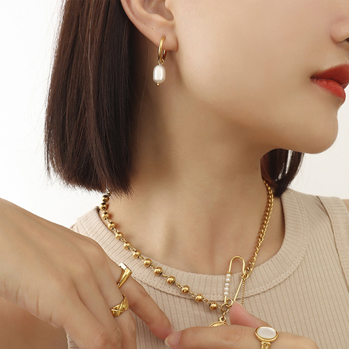 Pearl Drop Gold Hoop Earrings