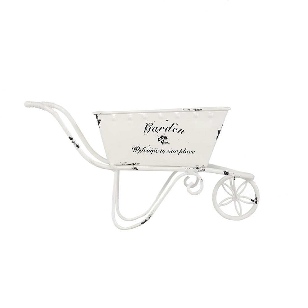 11.5x4x7' White Metal Decorative Disressed Wheelbarrow Planter, Tabletop Decor