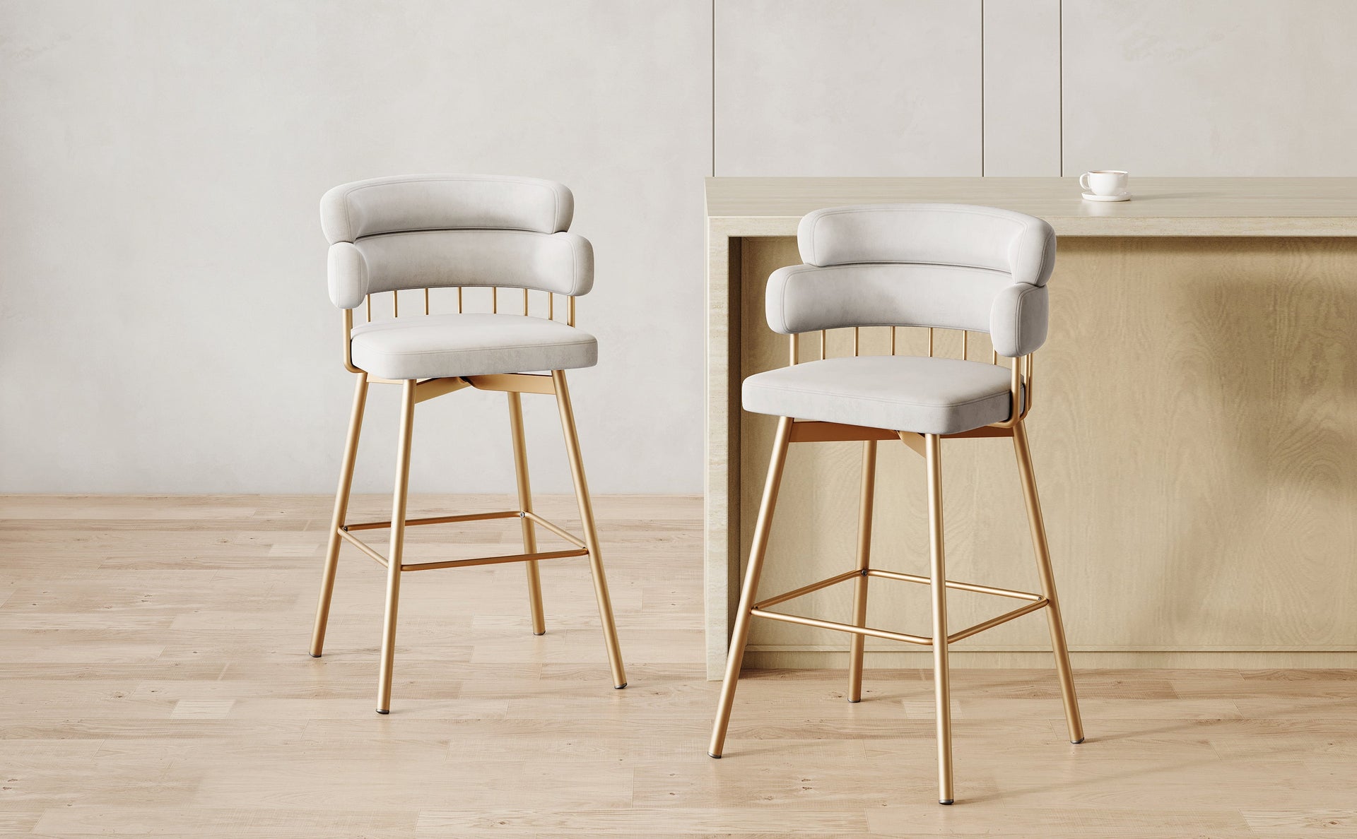 26' Counter Height Bar Stools Set of 2, 180° Swivel Upholstered Barstools with Backs and Metal Legs, Bar Stools for Kitchen Island, Cafe, Pub,