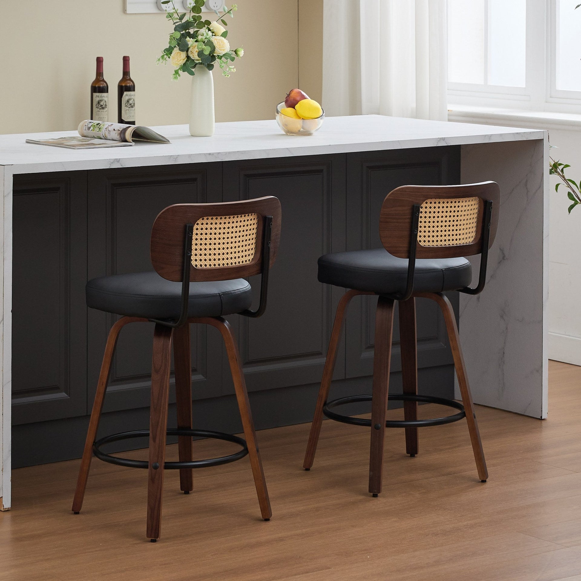 Set of 2 Counter Height Bar Stools - 26 inch Rattan Counter Height Stools with Cane Back, Upholstered Seat, Walnut Craftsmanship, Swivel Counter Stools for Island/Kitchen/Counter/Bar (Walnut Black)