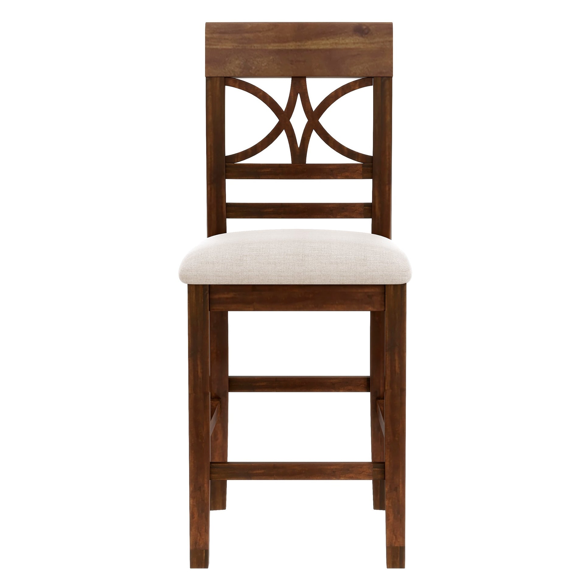 6-Piece Wood Counter Height Dining Table Set with Storage Shelf, Kitchen Table Set with Bench and 4 Chairs,Rustic Style, Walnut+Beige Cushion