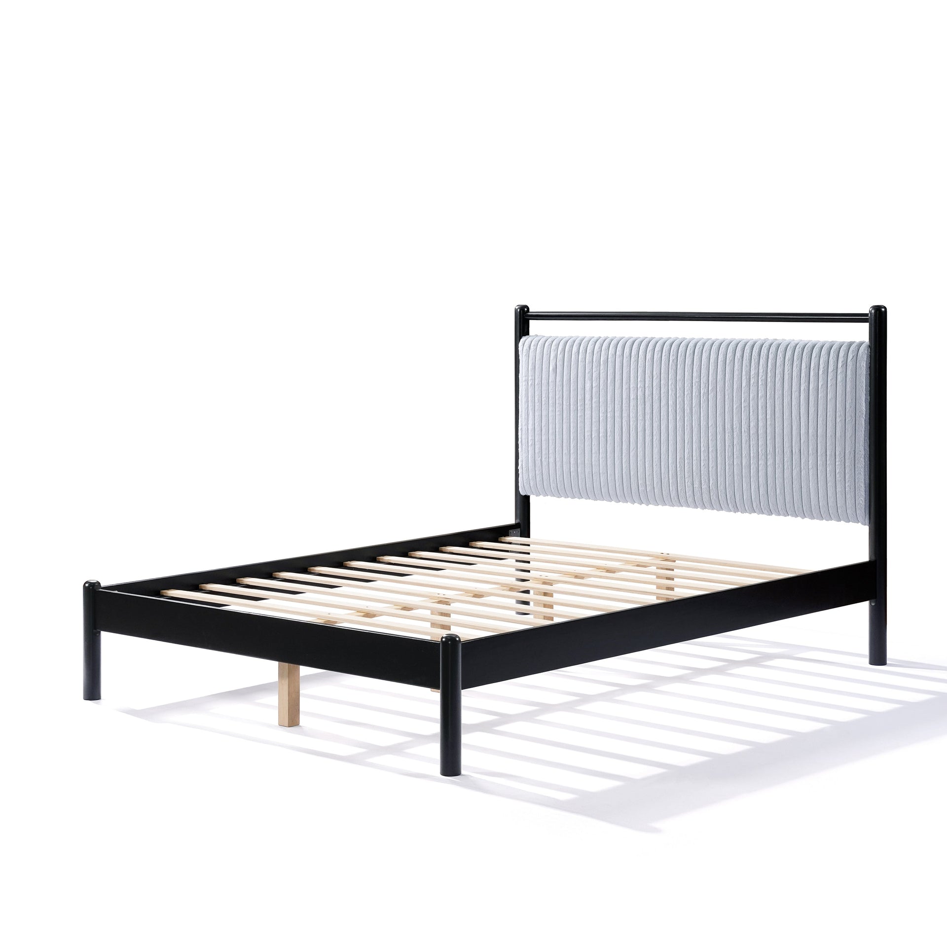 Full size Wood Bed Frame with Fluffy Soft Headboard,Grey+Black Frame