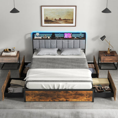 Twin/Full/Queen Bed Frame with LED Lights Upholstered Headboard and 4 Storage Drawers-Full Size