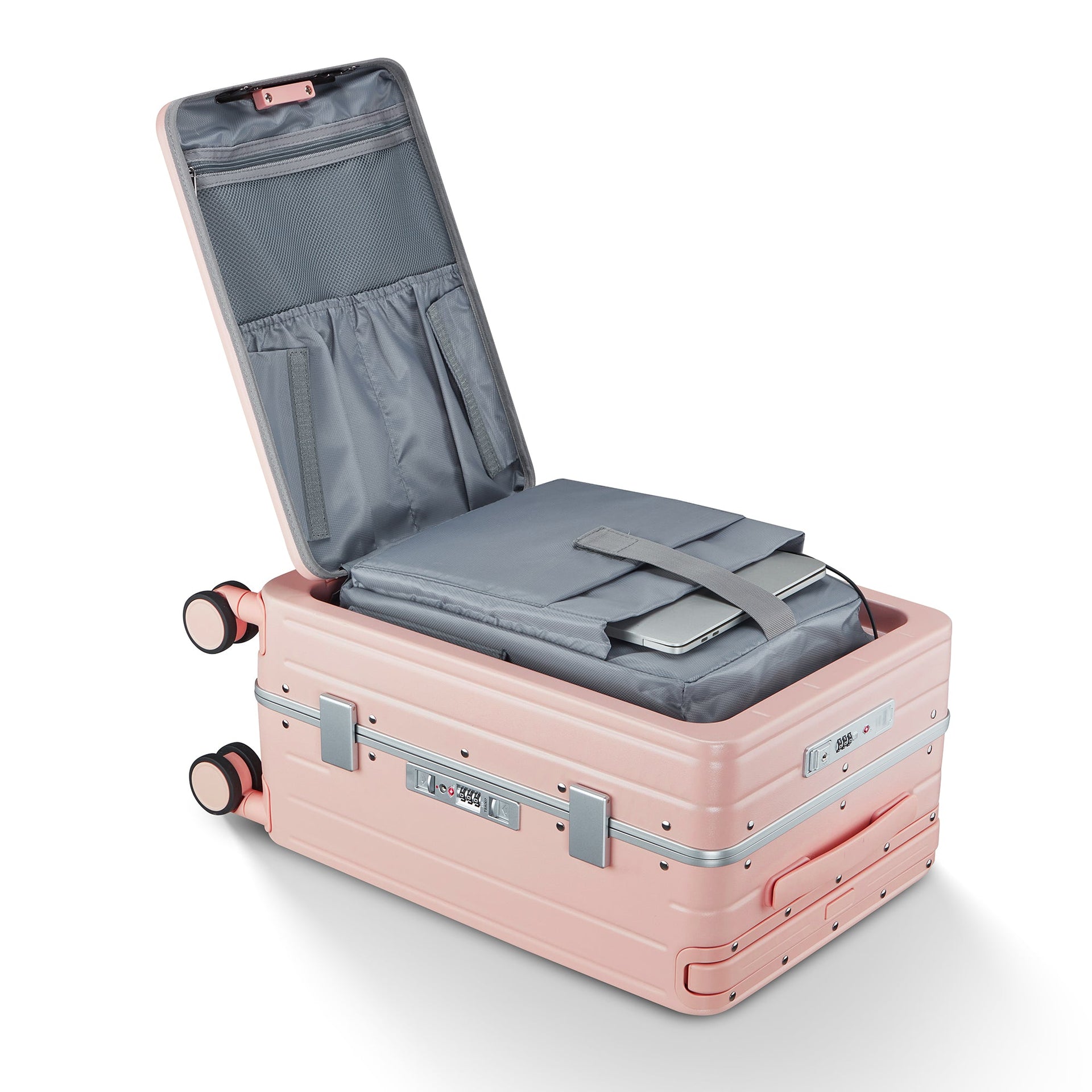Aluminum Frame 20 Inch with Front Open Carry-on Luggage, PC Hard Shell Suitcase, Bounce Wide Handle Pull Rod Luggage with 360°Double Wheels, Built-In TSA Lock, Airline Approved Suitcase for Business