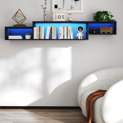 Wall Mounted Floating TV Stand with LEDs and Charging Station for Living Room