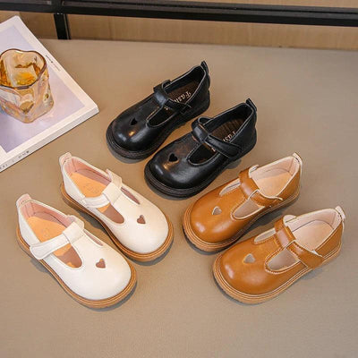 Girls Princess PU Leather T-Strap Flats with Heart Cut-Outs Cute Toddler & Kids Dress Shoes for Spring Autumn