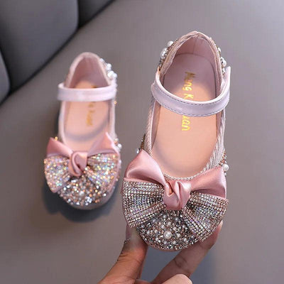 Girls Rhinestone Bow Princess Leather Party Dance Flats β Kids School Performance Shoes