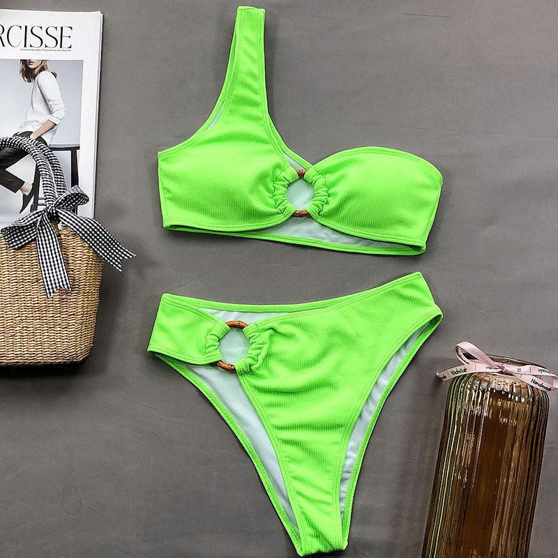 Fashion Bikini Set One Shoulder Women's Swimsuits High Waist Bright Color Swimwear Women Rings Ribbed Bikinis Women's Ribbed O-Ring String Bikini Swimsuit Comfortable Swimwear Two Pieces Bathing Suit