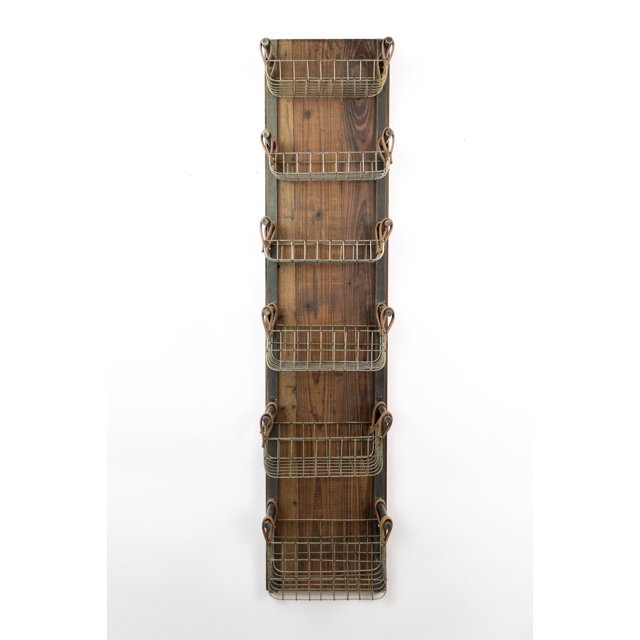 Recycled Wood & Metal Wall Rack With Six Wire Storage Baskets