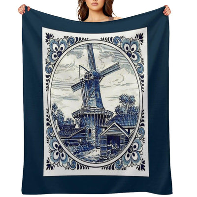 DUTCH BLUE DELFT Vintage Windmill Print Throw Blanket