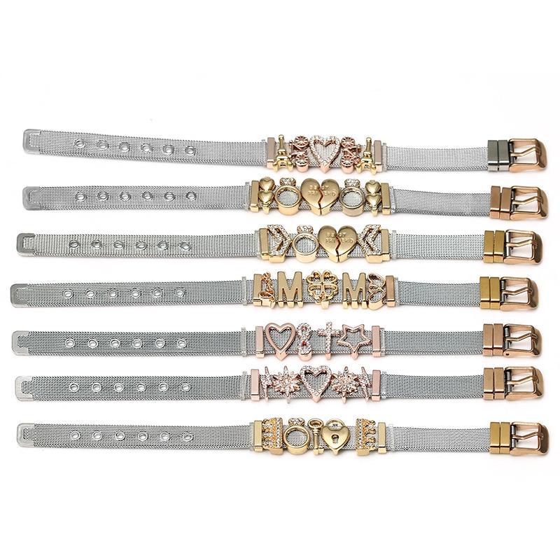 Two-tone Stainless Steel Bracelets For Women Men Golden Love Heart Beaded Ribbon Bracelet & Bangle Gifts
