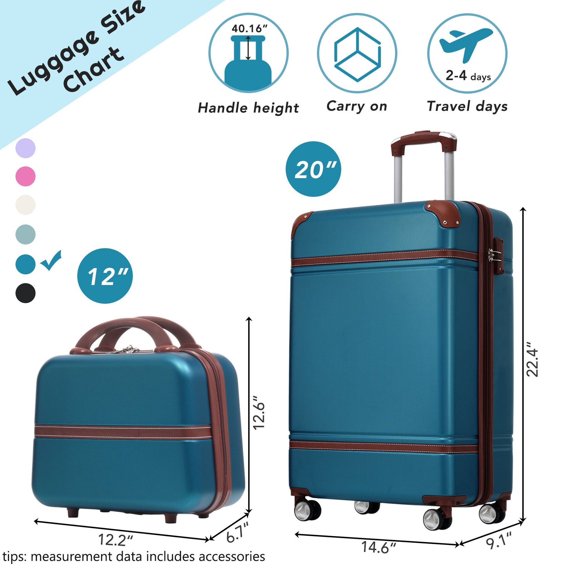 20 IN Hardside Luggage with Cosmetic Case , 2 Piece Lightweight Suitcase Set with Spinner Wheels, Carry on Vintage Luggage,Blue