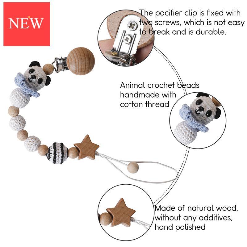 Modern Handmade Pacifier Chain Baby Teething Chains Crochet Rabbit Panda Beads Wooden Clips Wood Tiny Rod For Kids