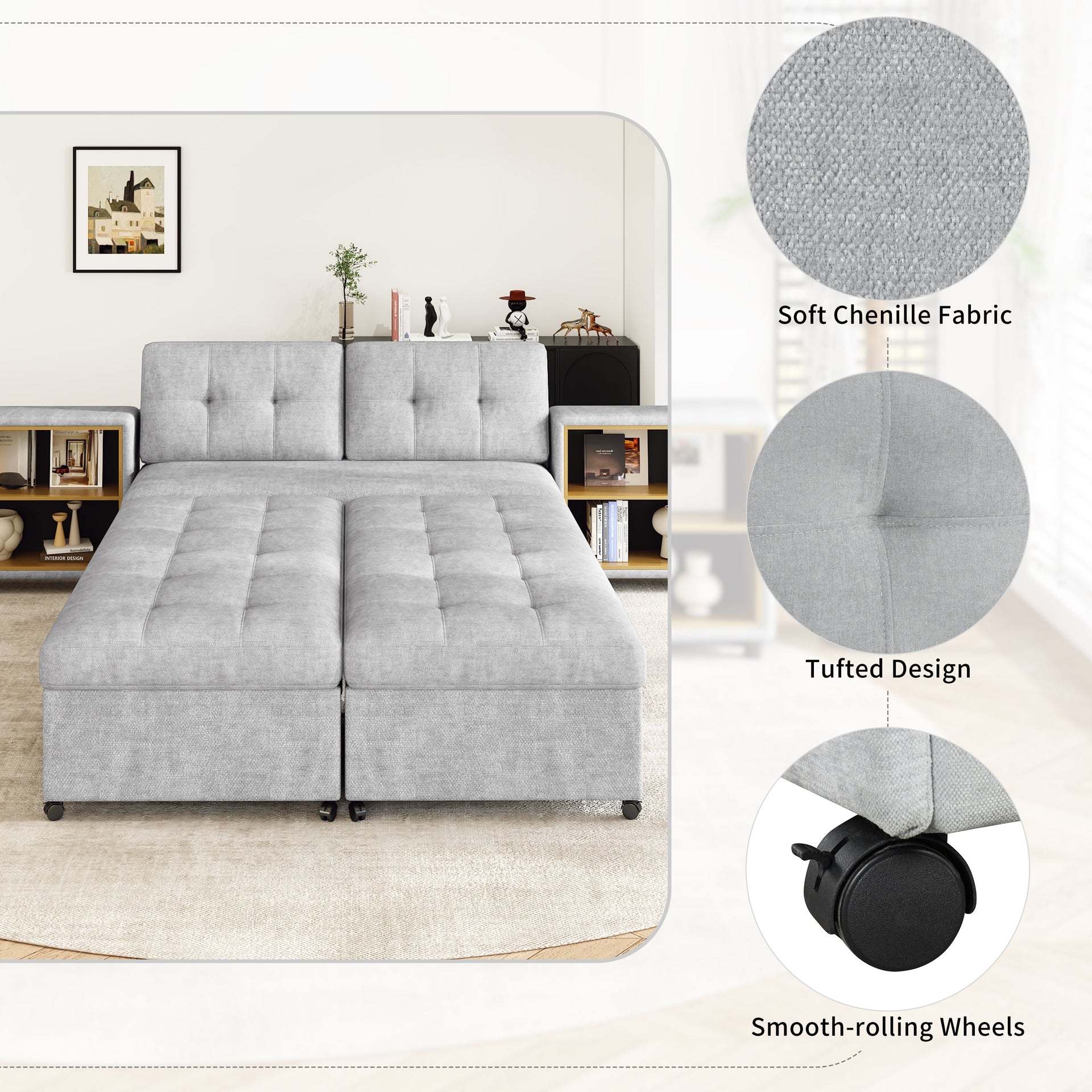 121.2' Versatile Sofa Bed Modular Sofa Free-combined Sofa with Two Storage Racks, Gray