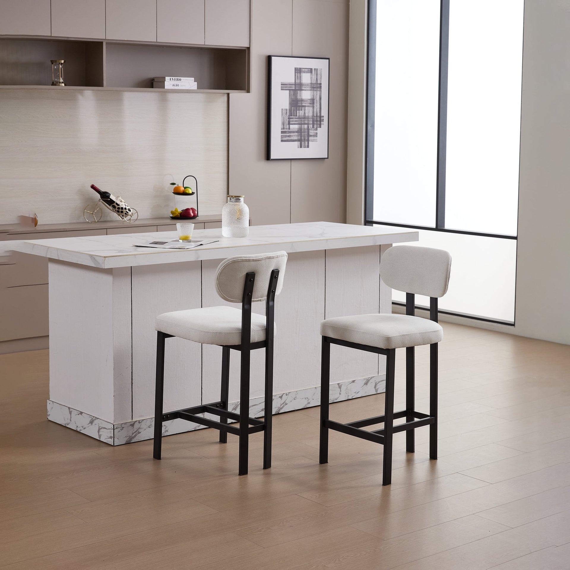 Bar Stools Set of 2, 26 inch Modern Upholstered Fabric Counter Height Barstools, Kitchen Island Chairs with Black Metal Legs for Dining Room/Kitchen Island/Bar