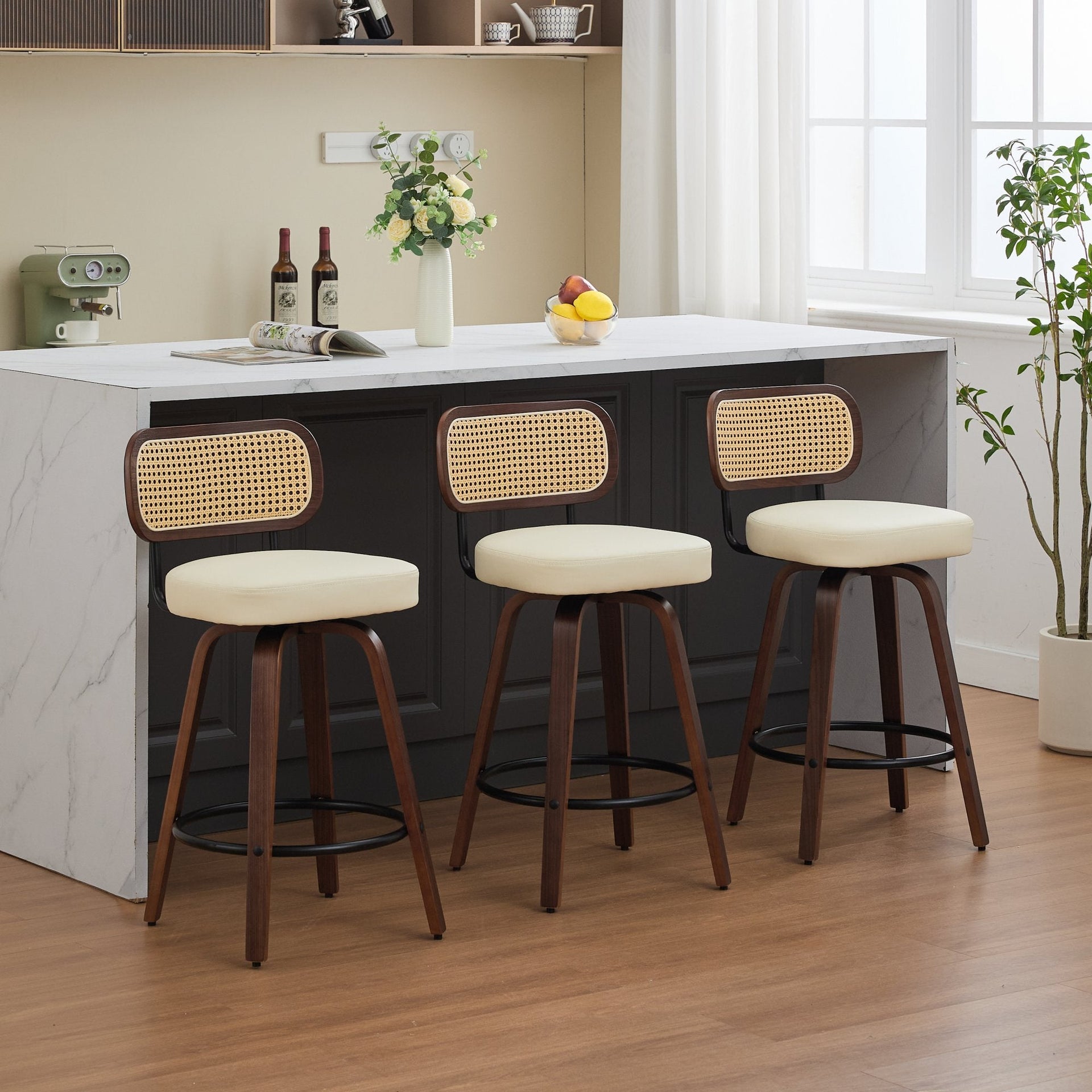 Set of 3 Counter Height Bar Stools - 26 inch Rattan Counter Height Stools with Cane Back, Upholstered Seat, Walnut Craftsmanship, Swivel Counter Stools for Island/Kitchen/Counter/Bar (Walnut /Beige)