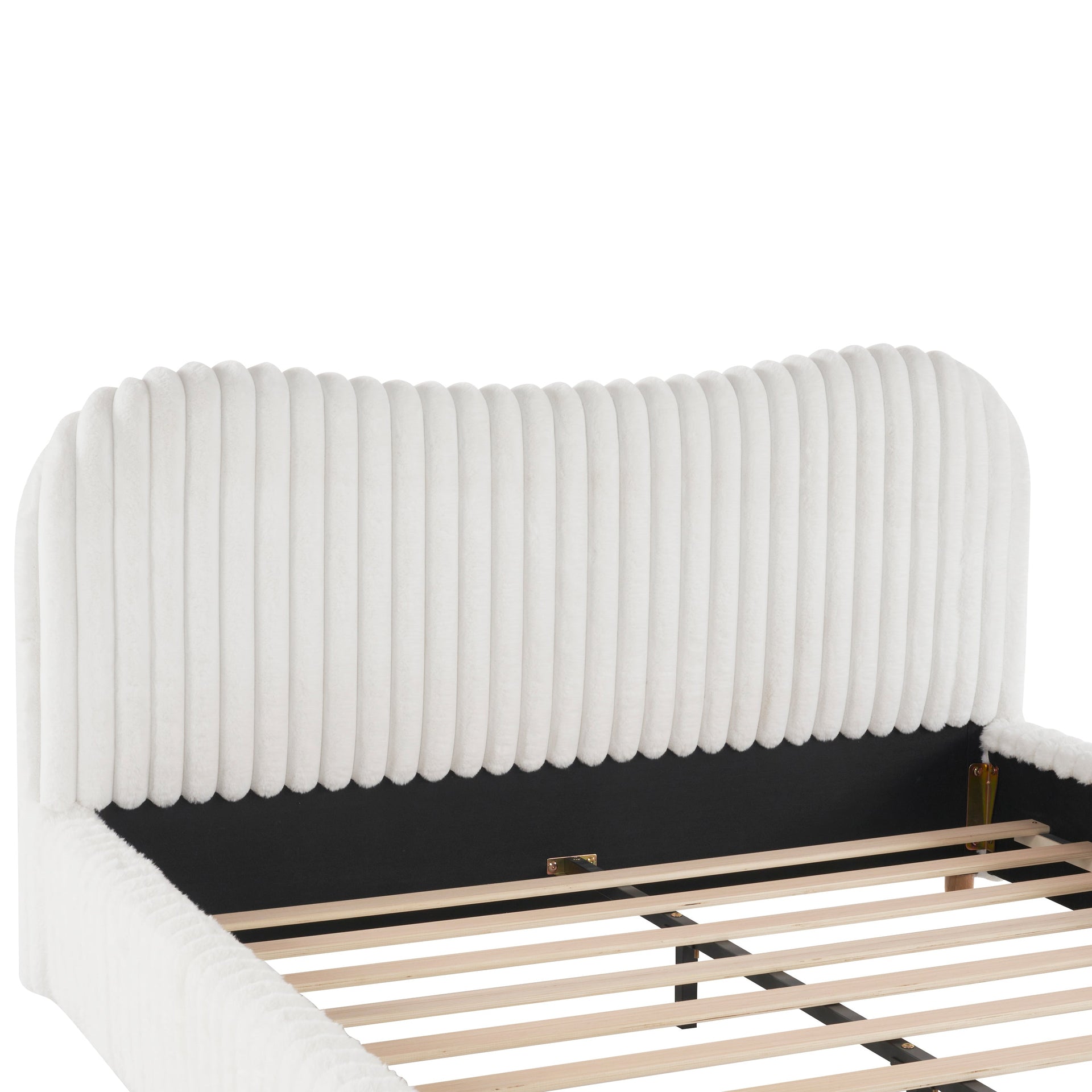 Sleek White Boucle Upholstered Bed with Wavy Headboard & Vertical Stitching, Queen