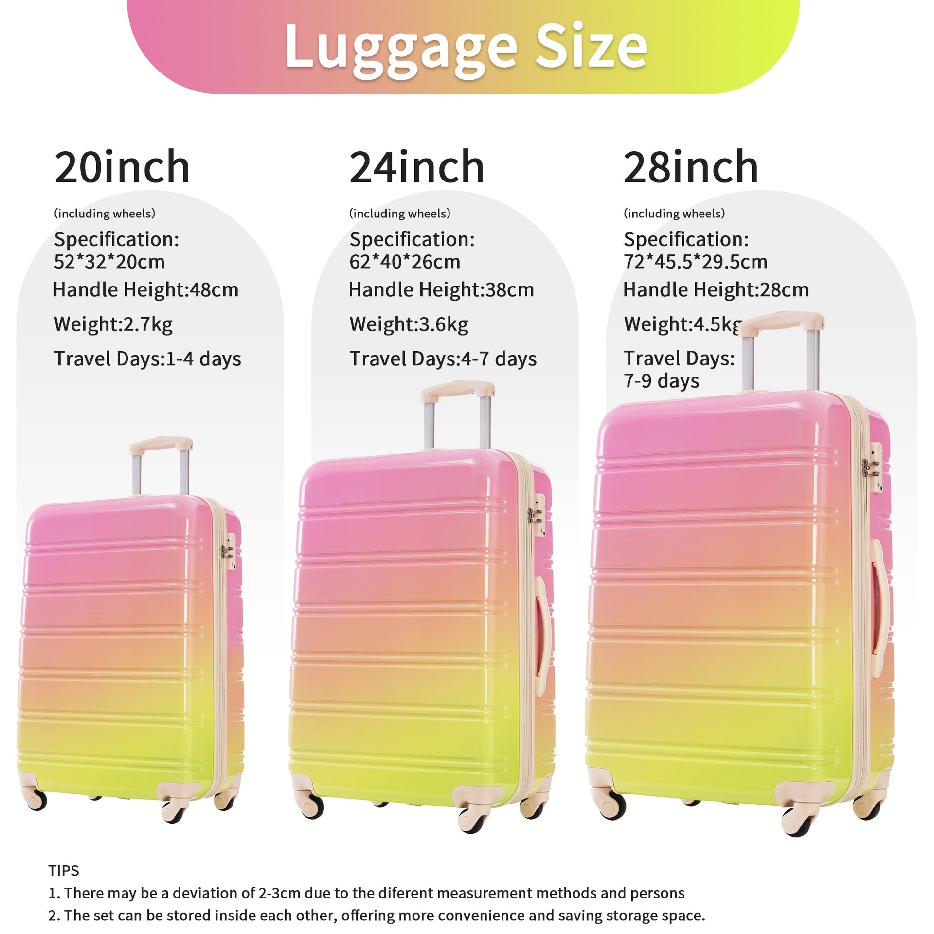 Hardshell Luggage Sets 3 Piece Gradient Color Expandable Suitcase with Spinner Wheels and TSA Lock Lightweight 20' 24' 28' Available,Pink+Green