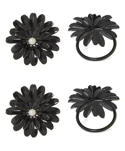 Vibhsa Black Floral Napkin Rings | Set of 4, Pearl Accents, Handcrafted