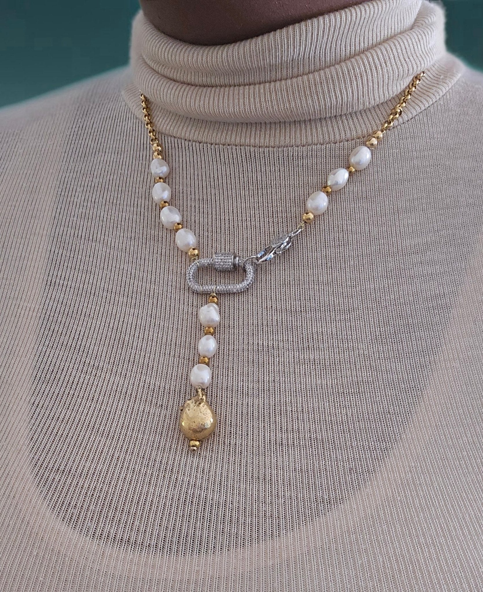 Gold Chain Link and Freshwater Pearl Y Necklace