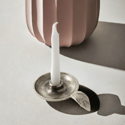 Vibhsa Taper Candlestick Holder Dish | Silver Finish, Leaf Handle, Handcrafted Aluminum