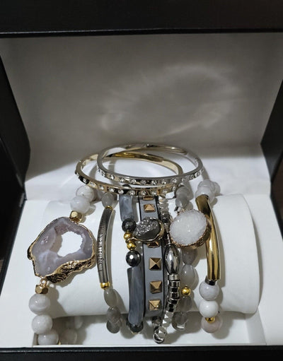 Gray Moonstone and Stripe Agate Stacked Bracelet set