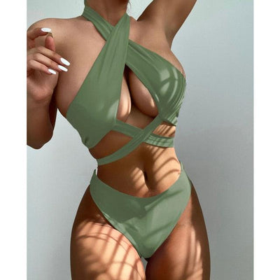Halter Hollow Cross Bikinis Set Swimsuit Women's New Solid Two-Piece Swimwear Two Piece Swimsuit Halter Crisscross Cut Out Bikini Wrap Top with High Waist Bottom Beach Swimwear Summer Beachwear Woman Bath Bathing Suit