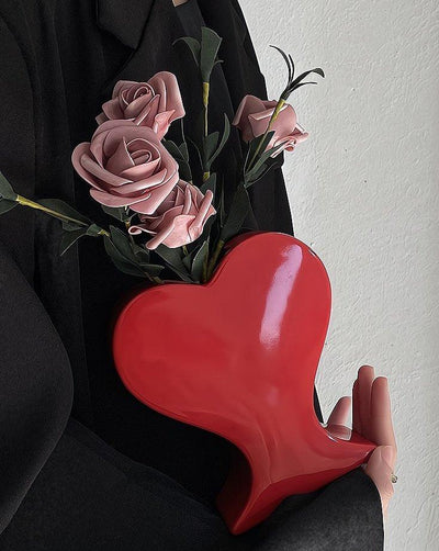 Handmade Ceramic Whimsical Eclectic Retro Heart-Shaped Flower Vase - Decorative Pottery Vase