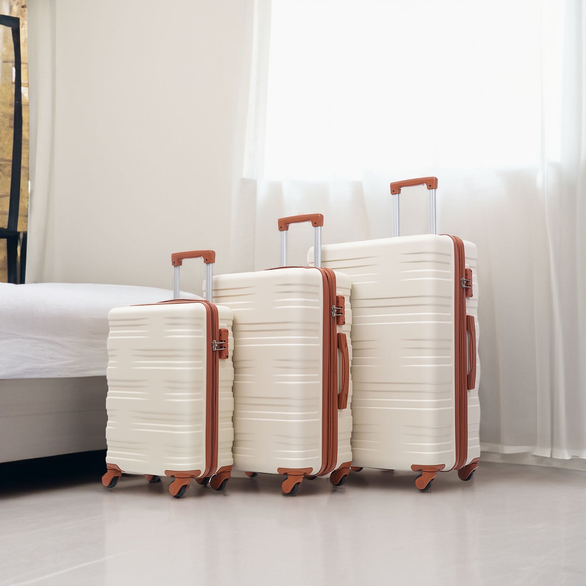 Hardshell Luggage Sets 3 Pcs Spinner Suitcase with TSA Lock Lightweight 20''24''28'' Brown+White + ABS