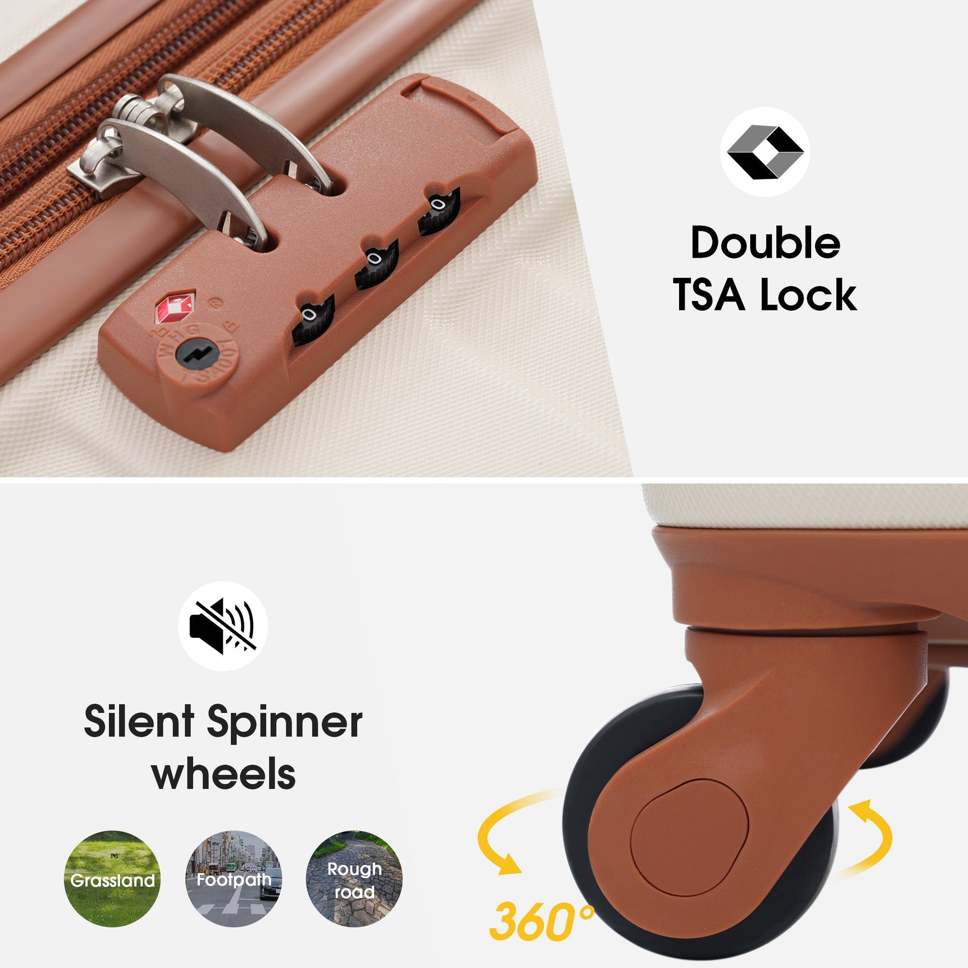 Hardshell Luggage Sets 3 Pcs Spinner Suitcase with TSA Lock Lightweight 20''24''28'' Brown+White + ABS
