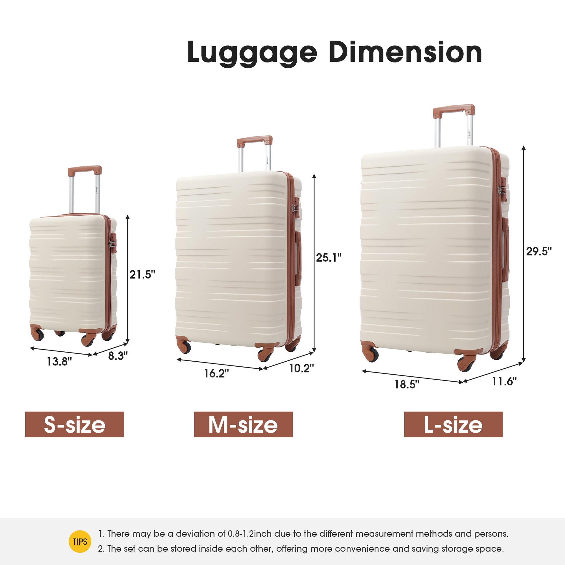 Hardshell Luggage Sets 3 Pcs Spinner Suitcase with TSA Lock Lightweight 20''24''28'' Brown+White + ABS