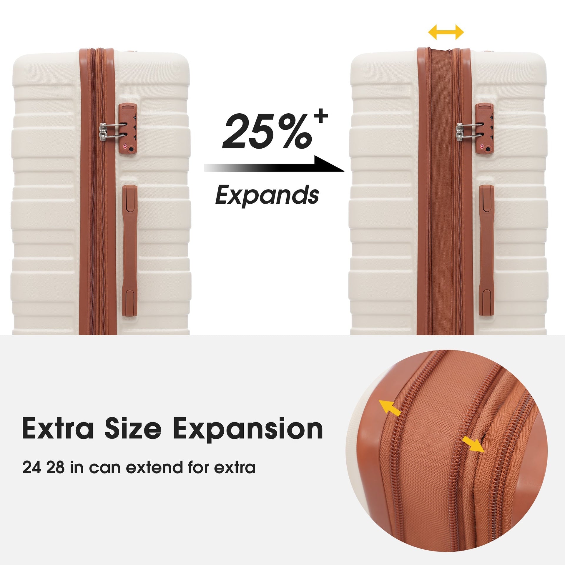Hardshell Luggage Sets 3 Pcs Spinner Suitcase with TSA Lock Lightweight 20''24''28'' Brown+White + ABS