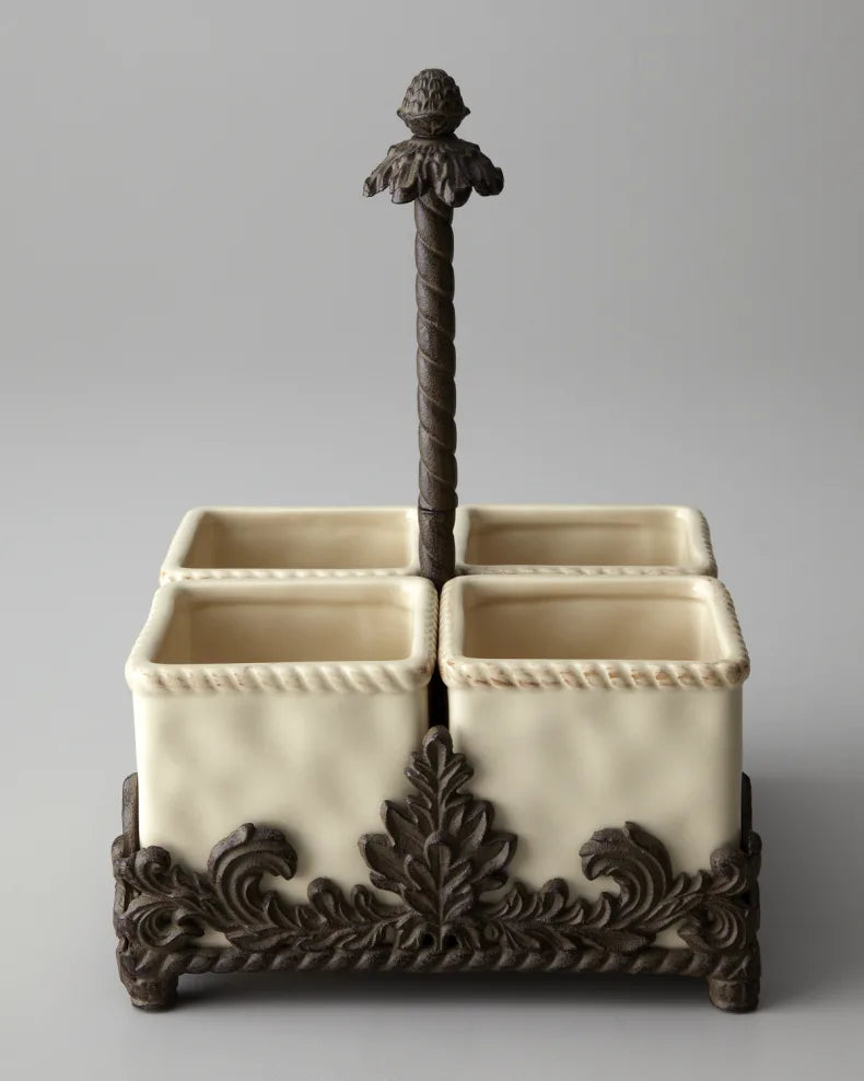 Acanthus Stoneware Flatware Caddy, Set of 4 with Base