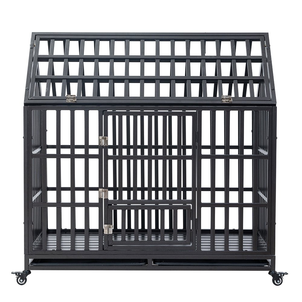 Heavy Duty Carbon Steel Dog Kennel Cage Crate W/ Sloped Roof And Wheels, 48